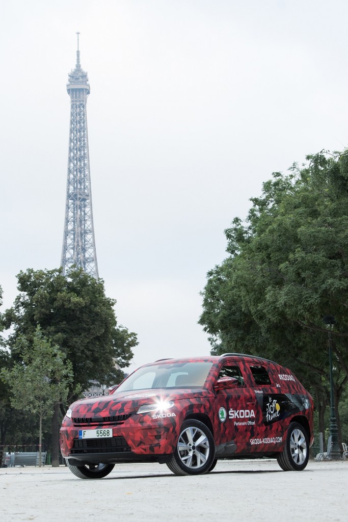 ŠKODA KODIAQ at Tour de France 2016; For its Tour premiere the new ŠKODA SUV got a new camouflage cover in red, grey and black.