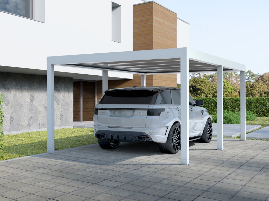 3d rendering of white modern house with concrete floor and lawn