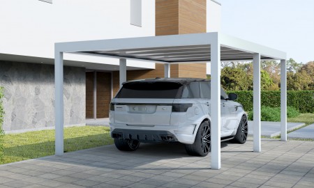 3d rendering of white modern house with concrete floor and lawn